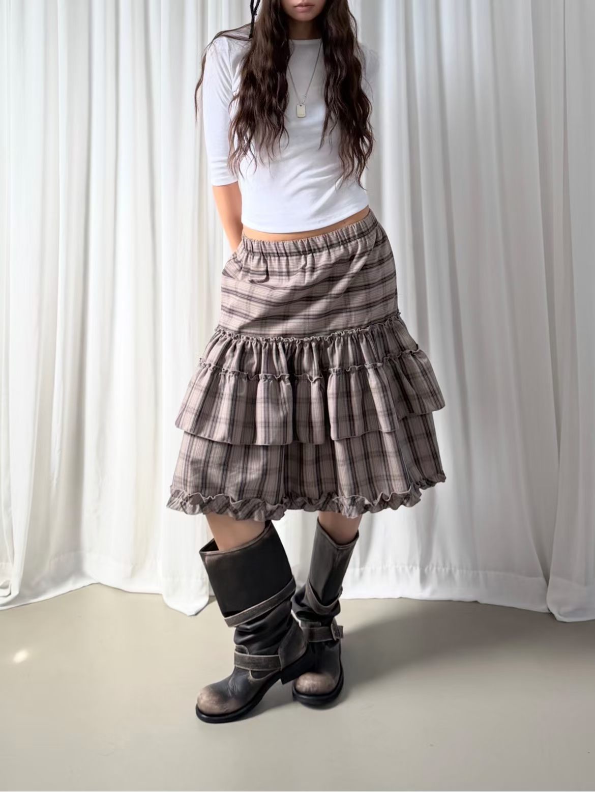 Plaid Puff Ruffle Skirt