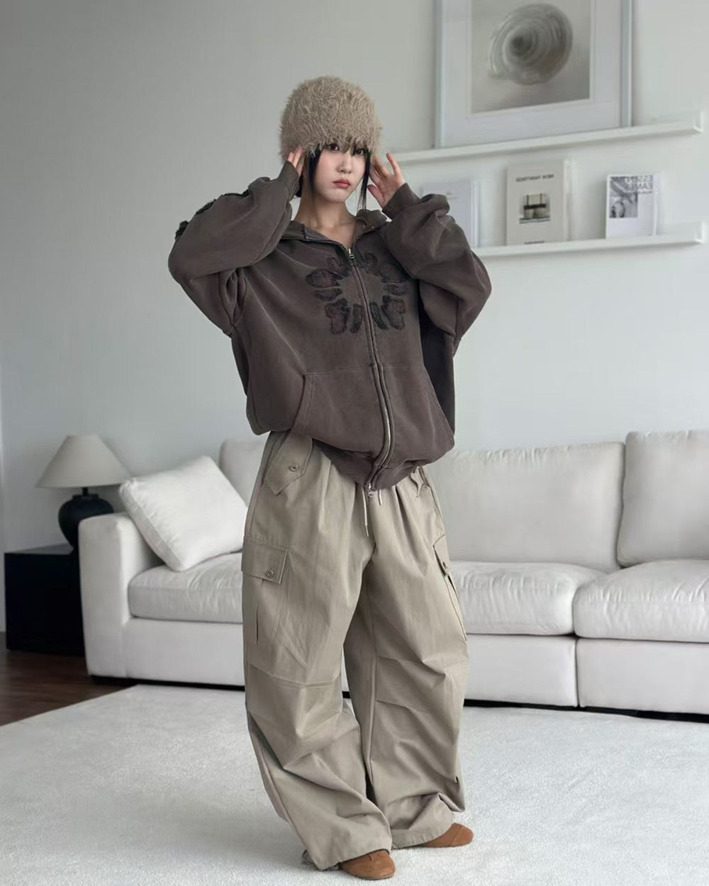 WashedAppliqué Zip-Up Hoodie