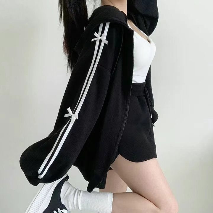 Satin Ribbon Loose Zip-Up Hoodie Jacket