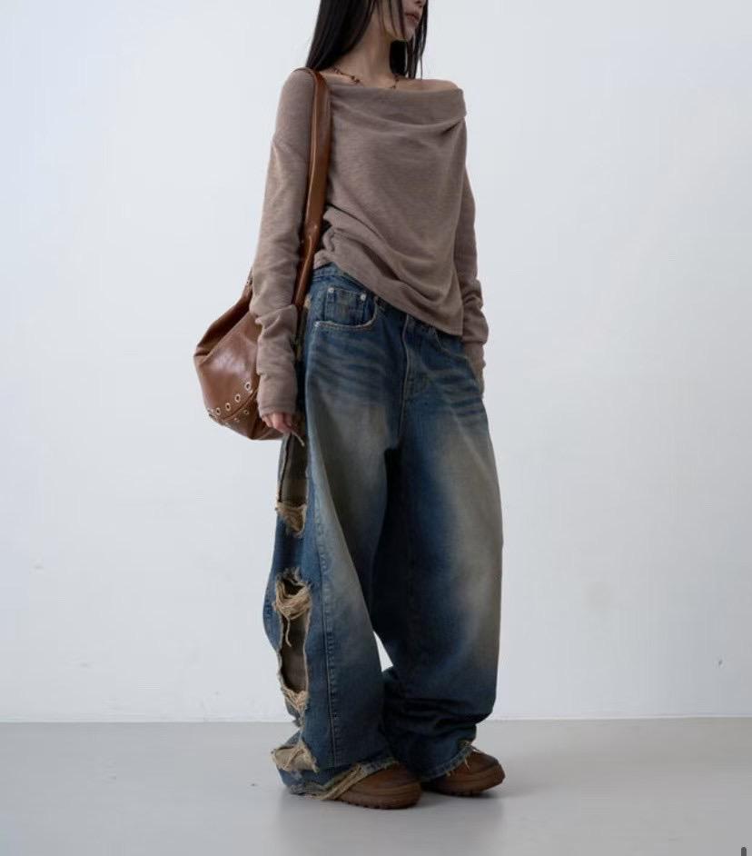 UNISEX 迷彩邊牛仔褲