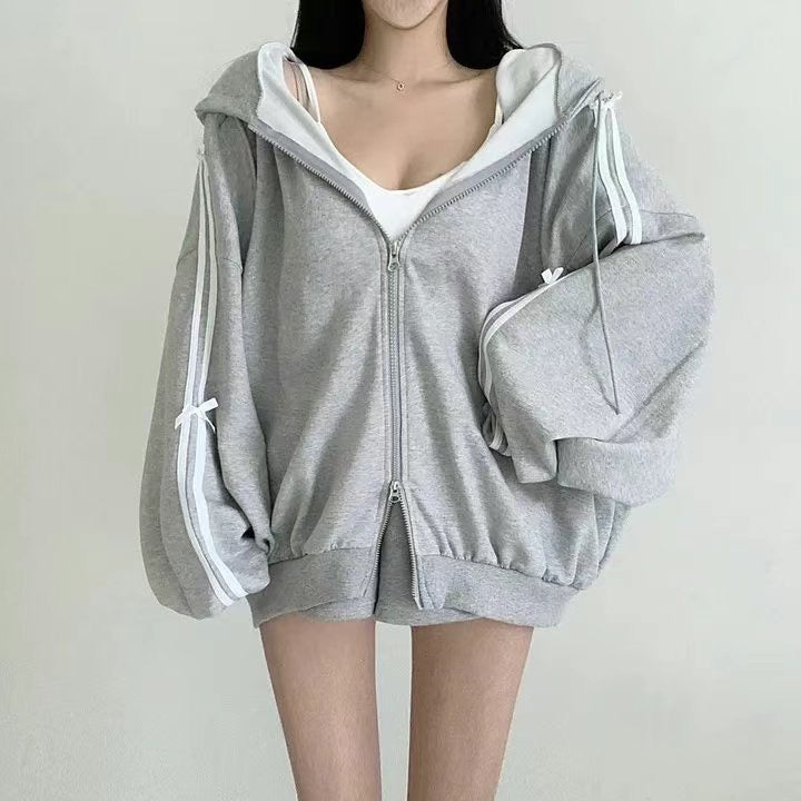 Satin Ribbon Loose Zip-Up Hoodie Jacket