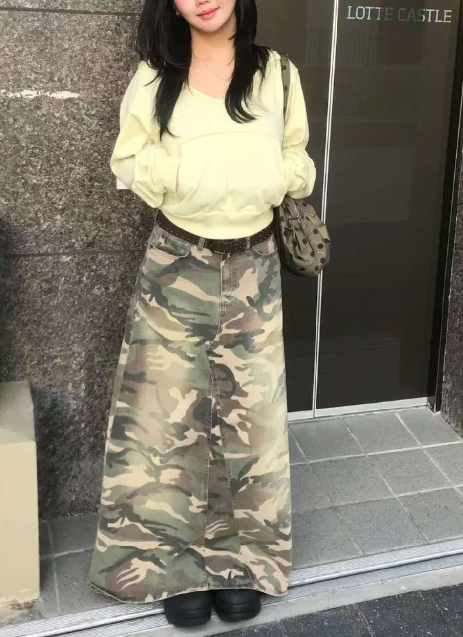Camouflage long denim skirt
