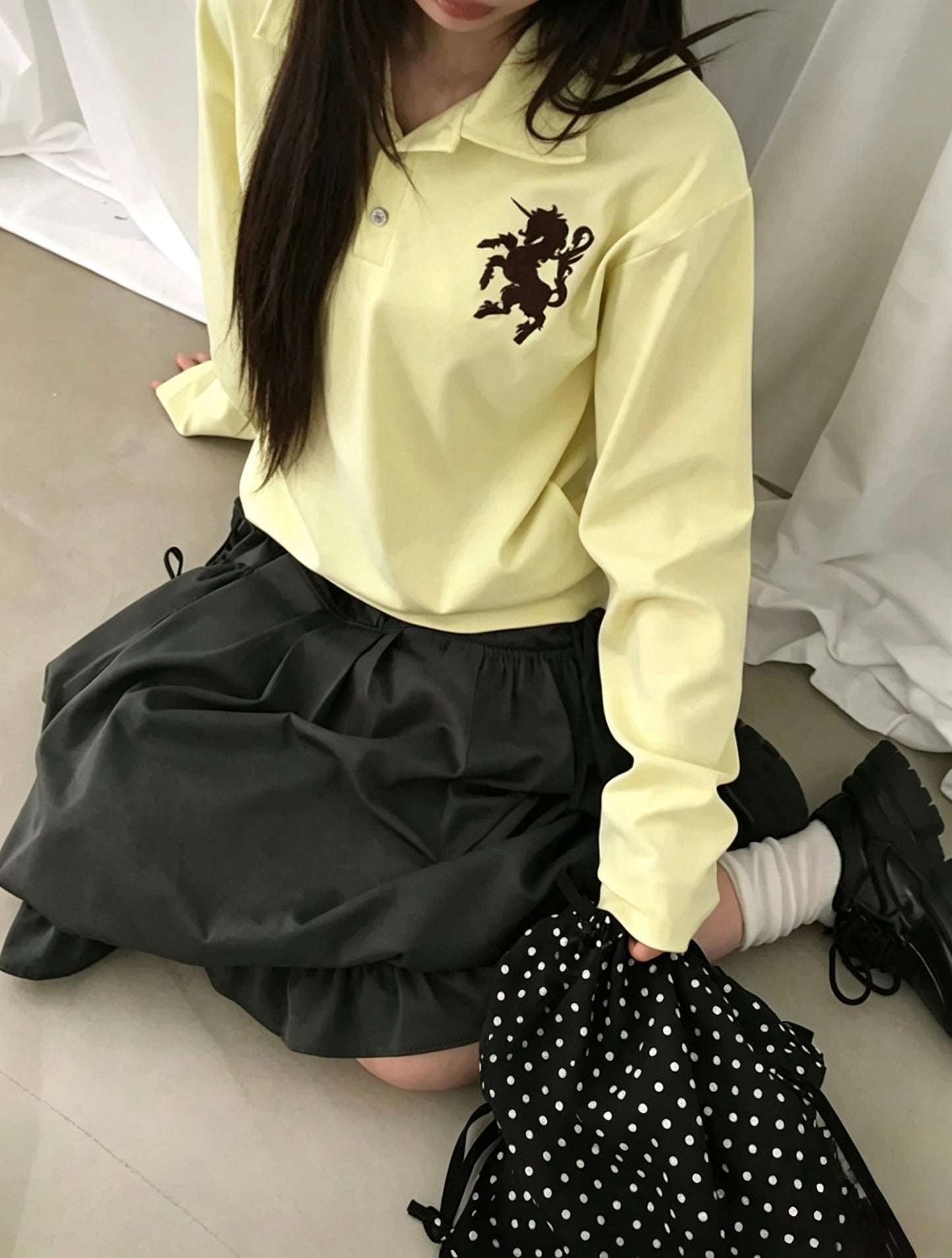 Embroidered Long Sleeve Polo Top