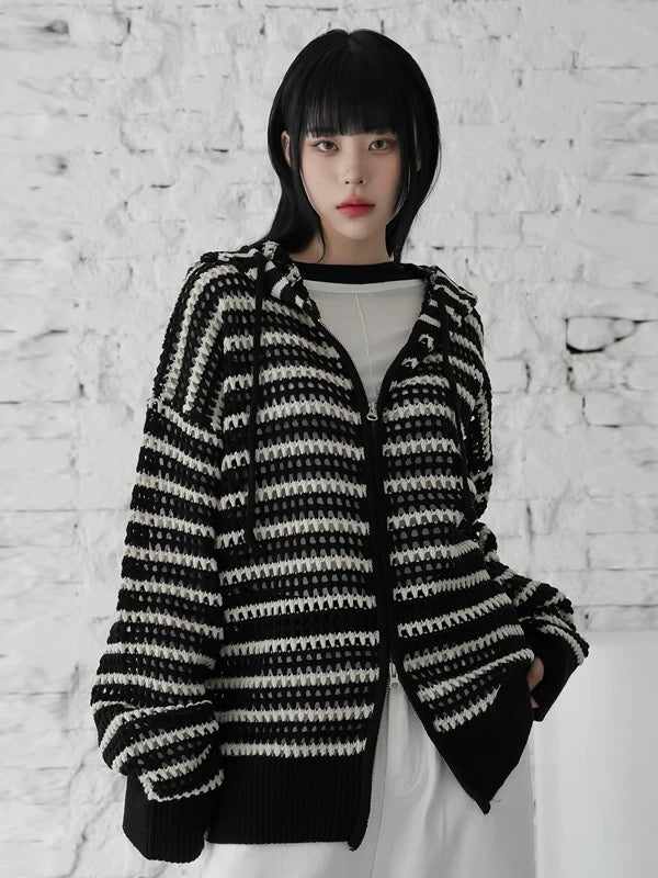 stripe mesh hood zip-up