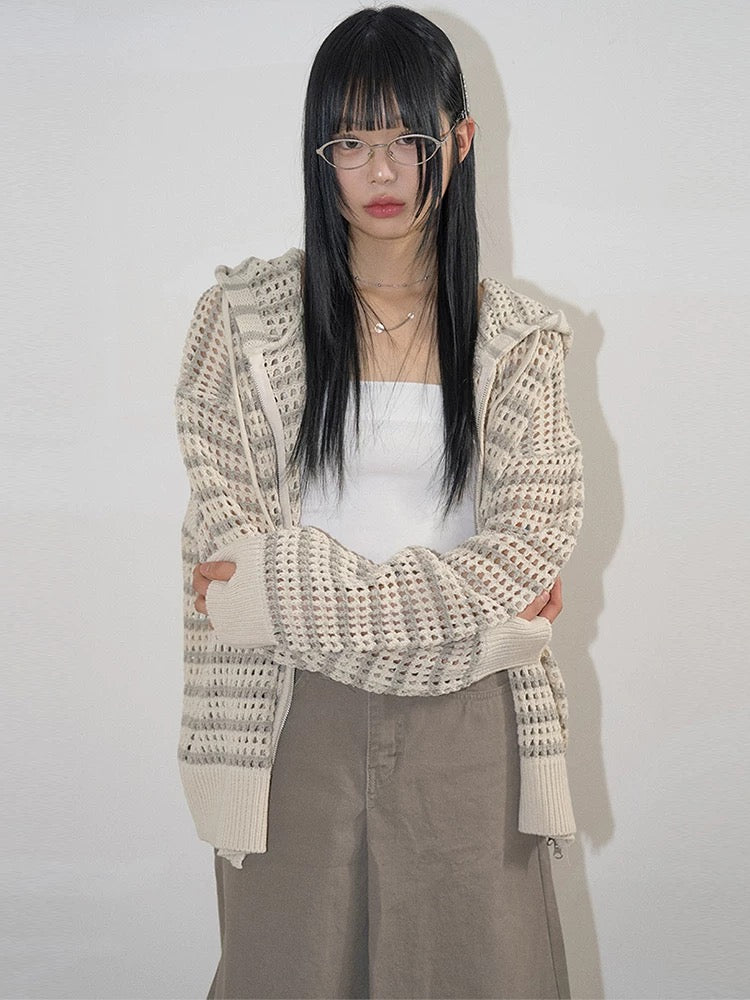stripe mesh hood zip-up