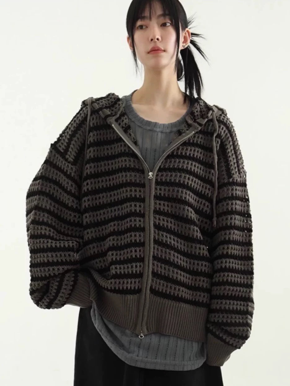 stripe mesh hood zip-up