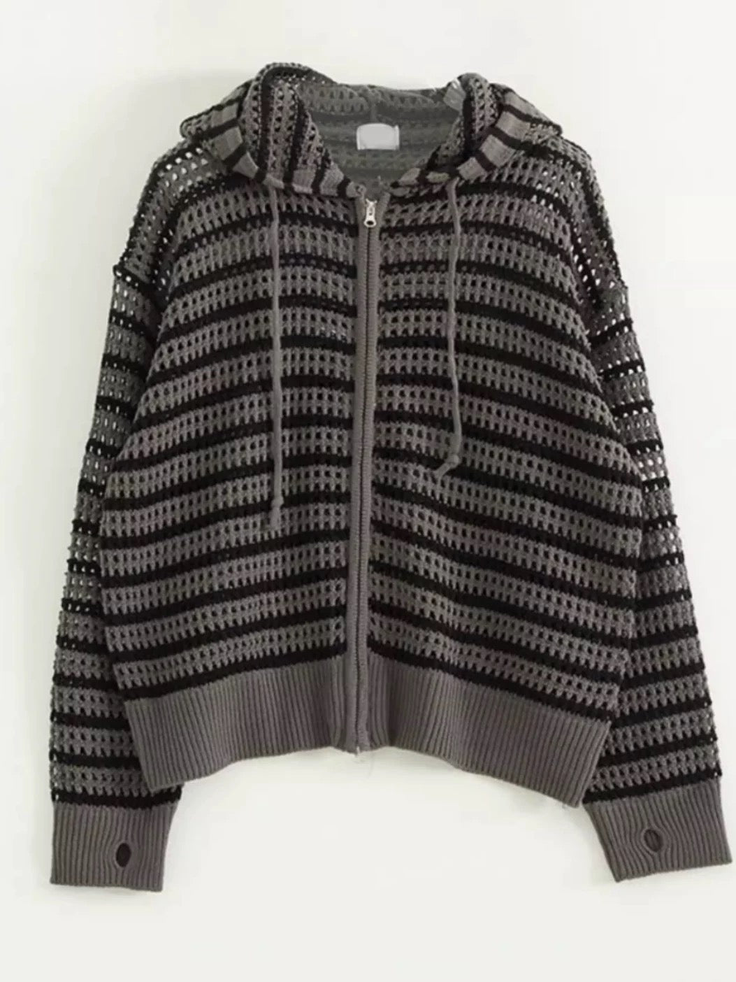 stripe mesh hood zip-up