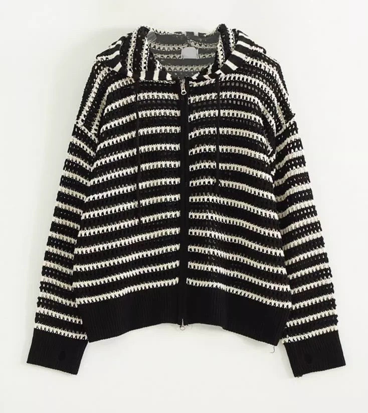 stripe mesh hood zip-up