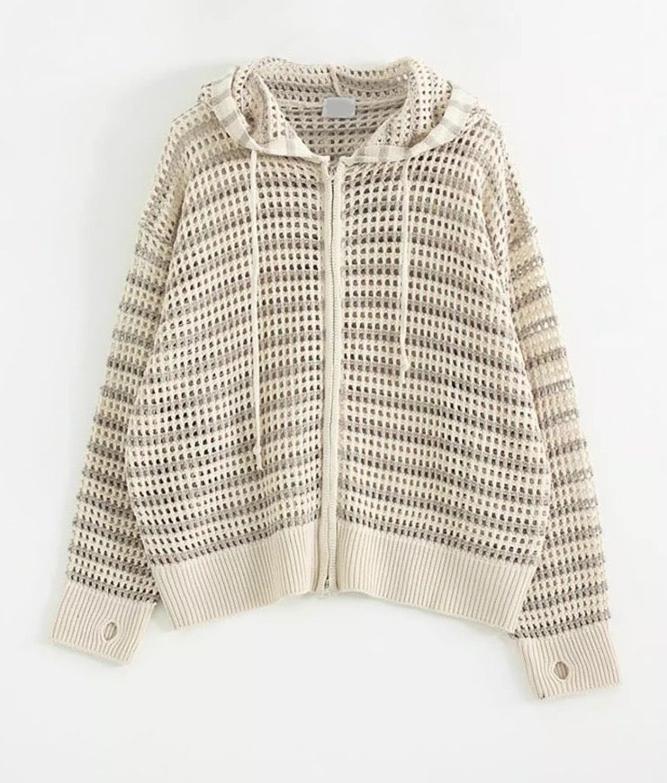 stripe mesh hood zip-up