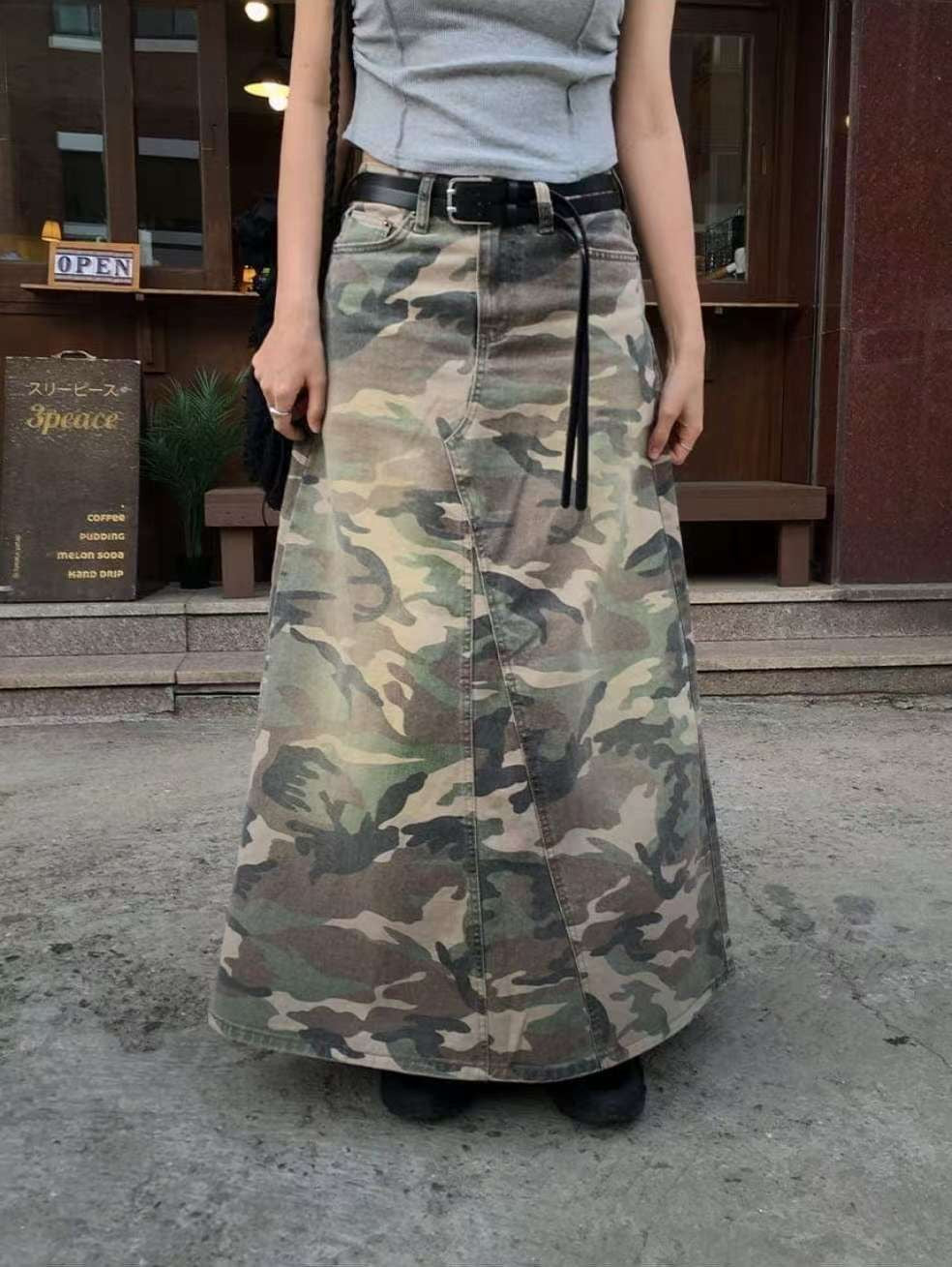 Camouflage long denim skirt