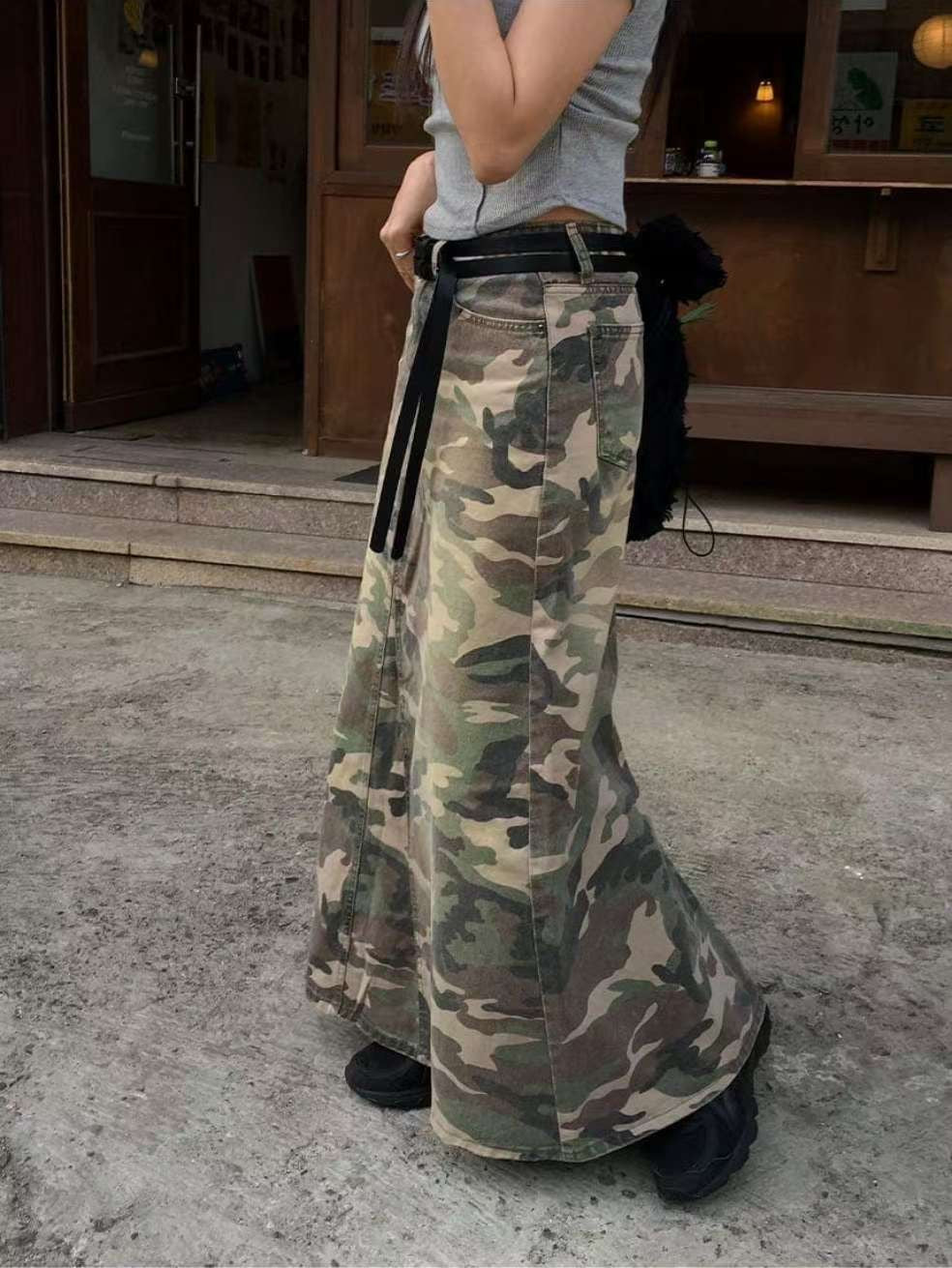 Camouflage long denim skirt