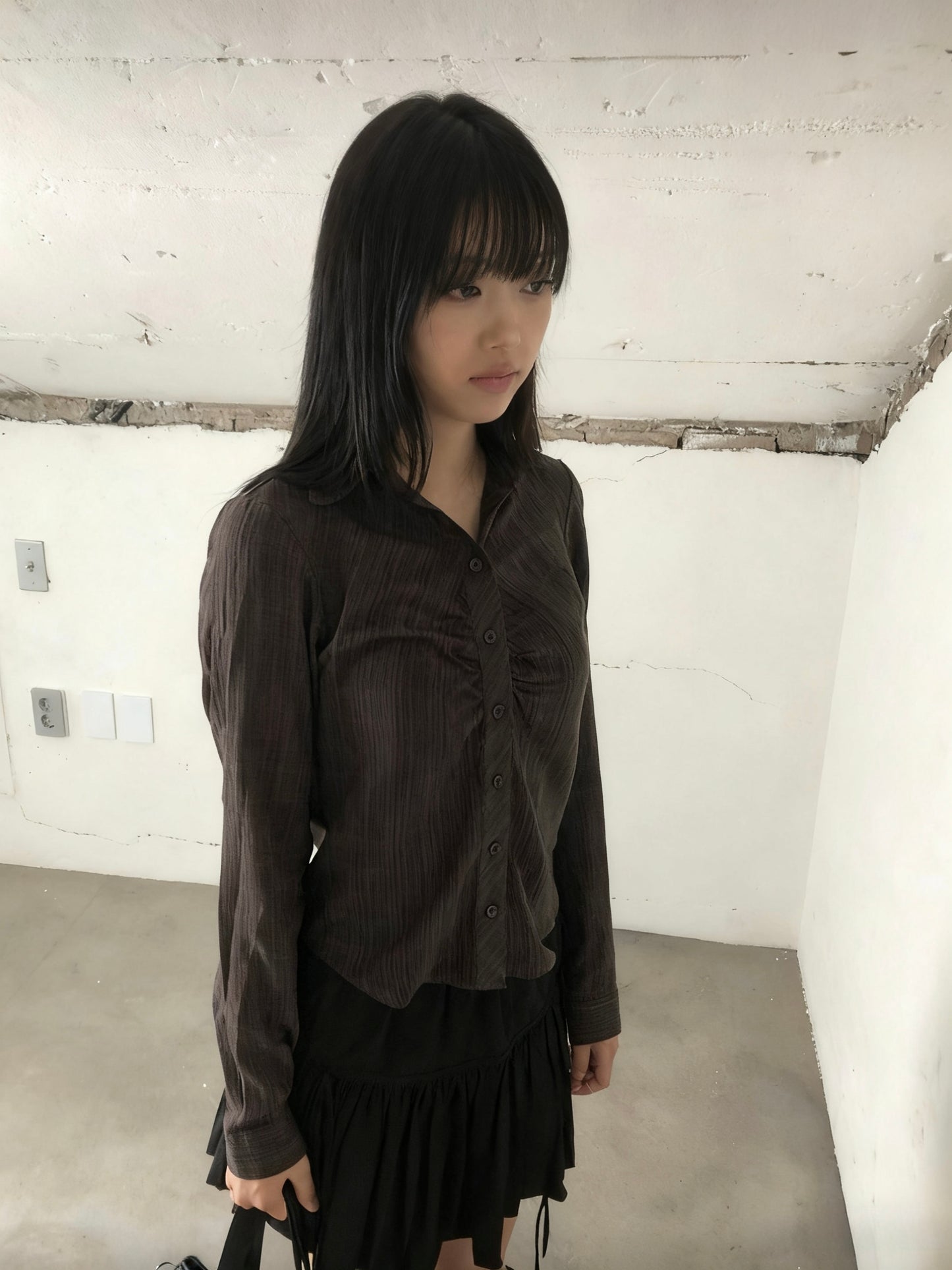 Plaid Pleated Long-Sleeve Shirt