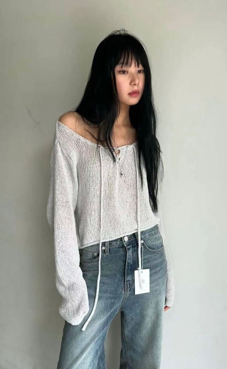 長袖 V 領羊毛圈毛衣
