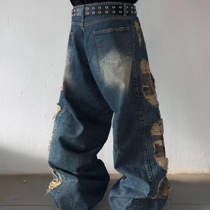 UNISEX 迷彩邊牛仔褲