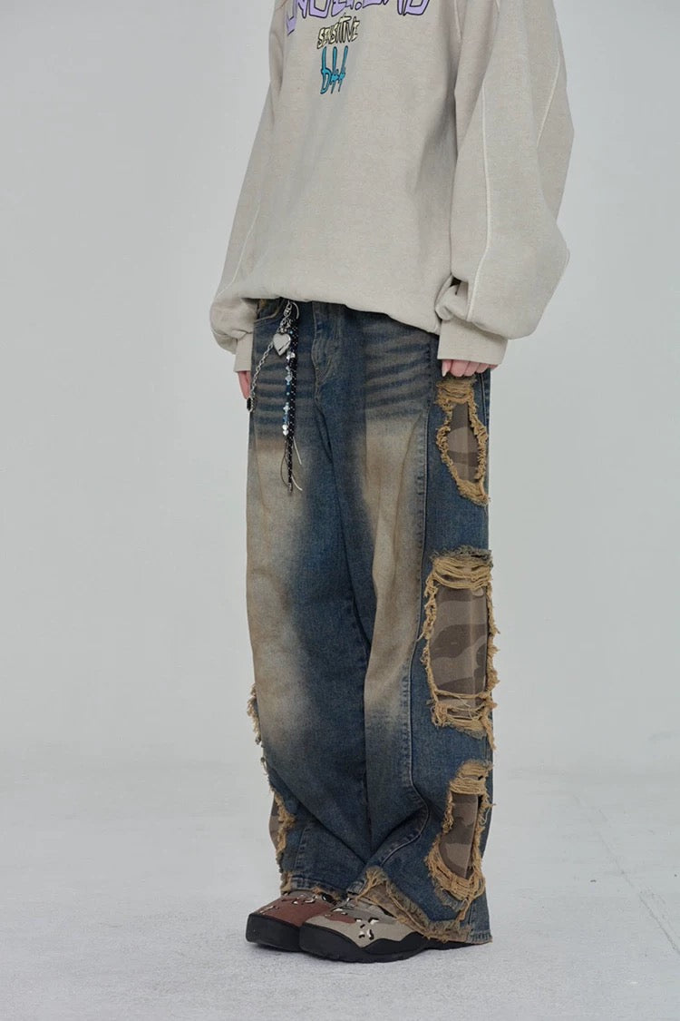 UNISEX 迷彩邊牛仔褲