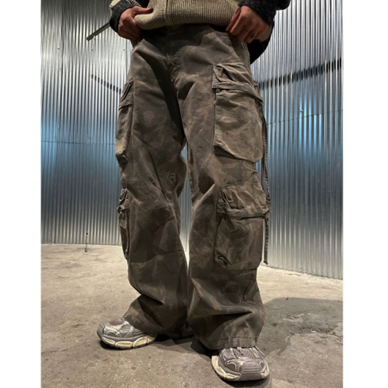 迷彩工裝多口袋復古寬腿褲Unisex