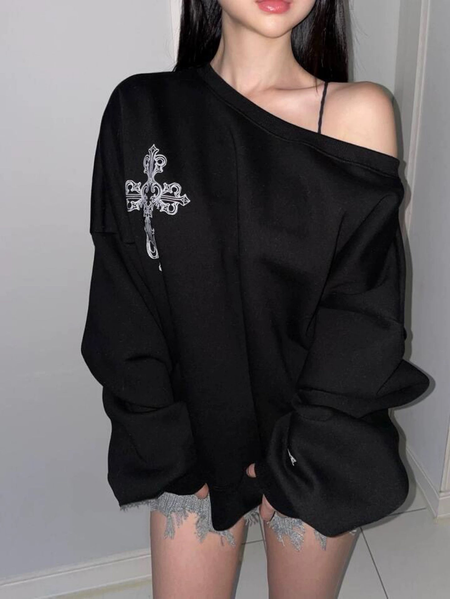 Retro Print Off-Shoulder Sweatshirt