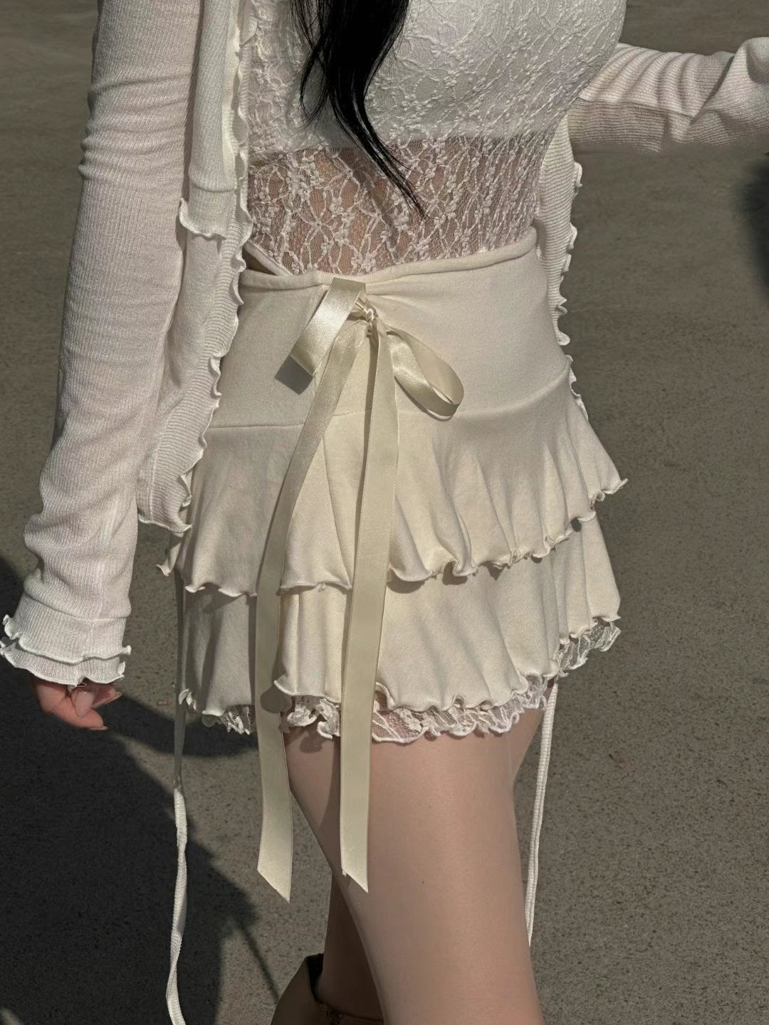 蝴蝶結蕾絲雙層復古短裙