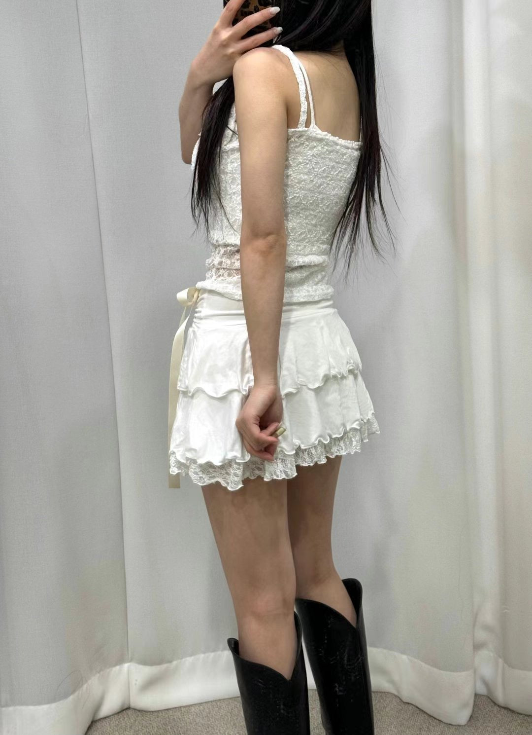 蝴蝶結蕾絲雙層復古短裙