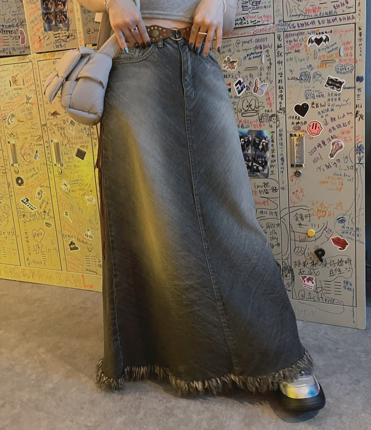 rinsed wash denim long skirt