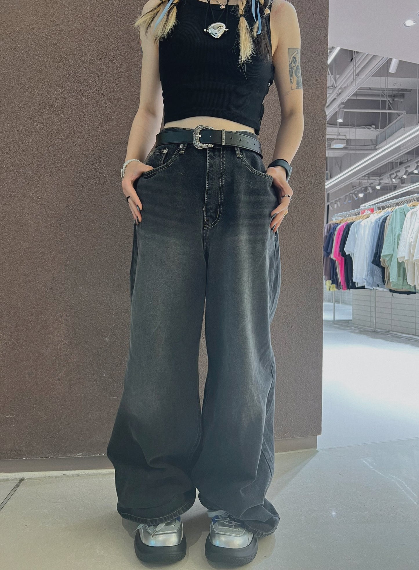 woman bow tie jeans