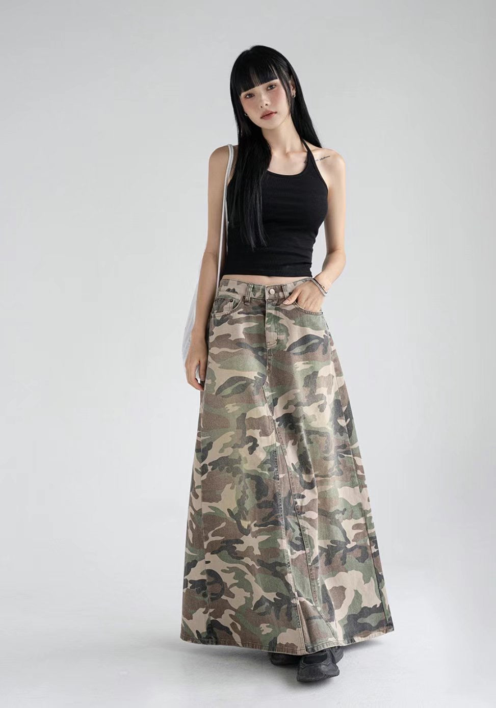 Camouflage long denim skirt