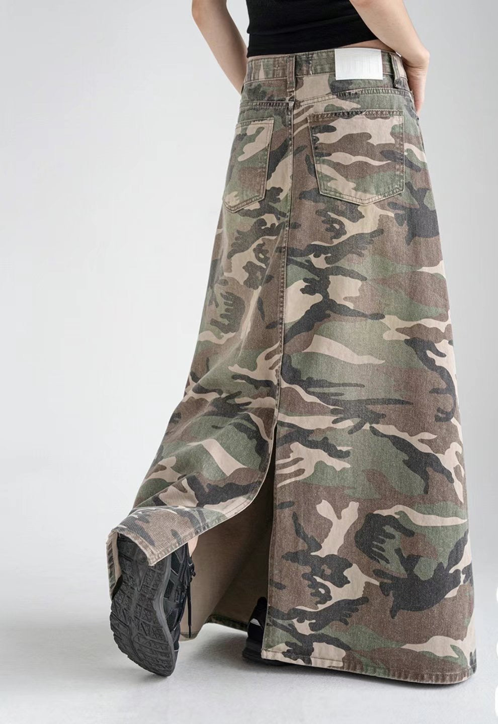 Camouflage long denim skirt