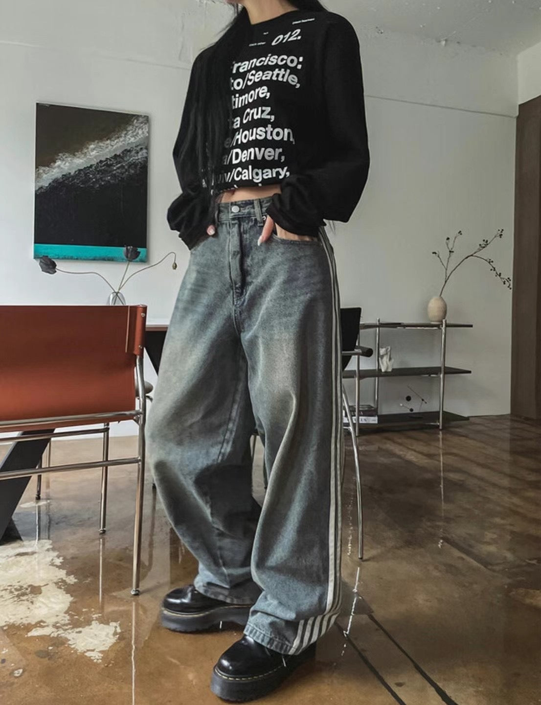 女裝洗水直間條牛仔褲
