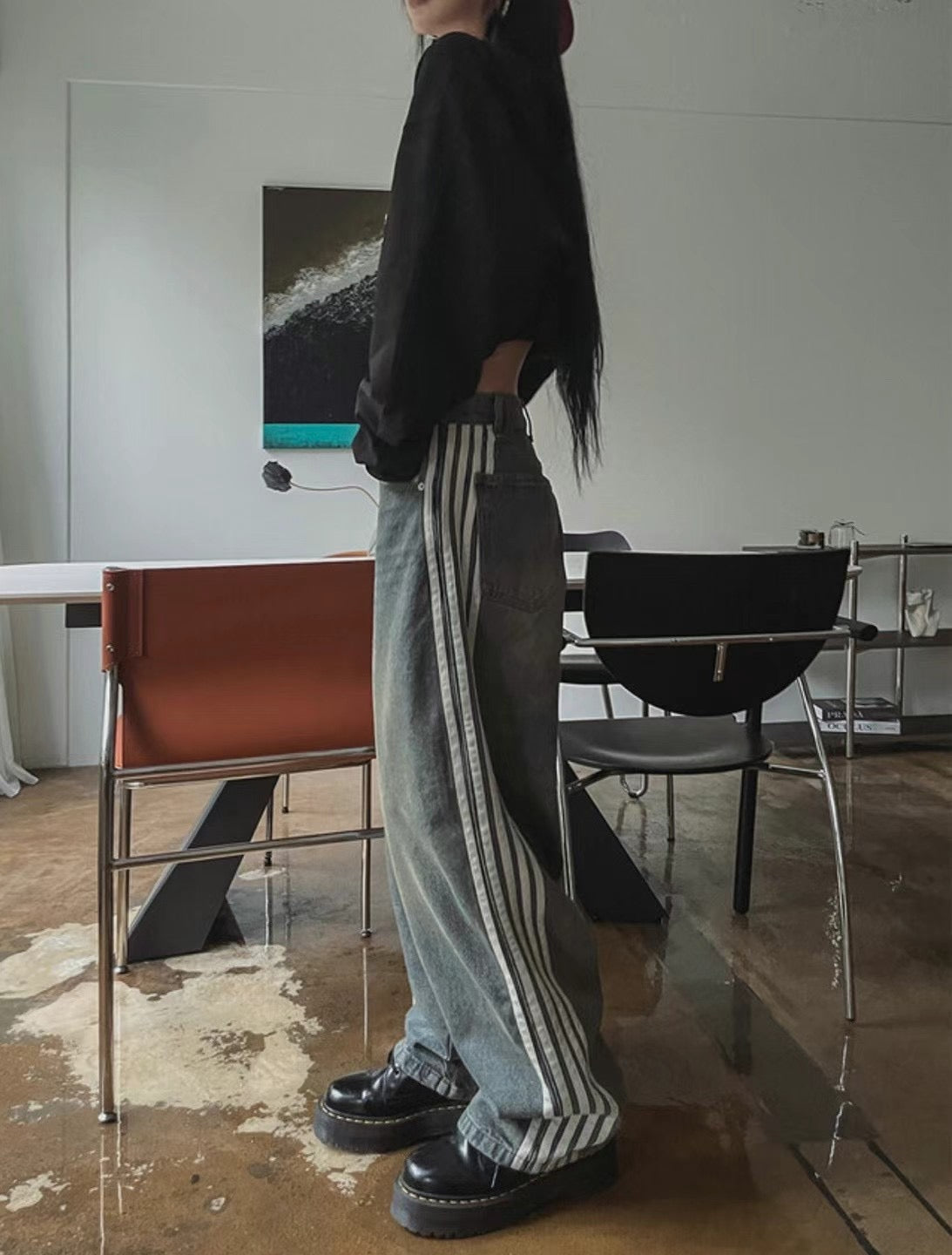 女裝洗水直間條牛仔褲