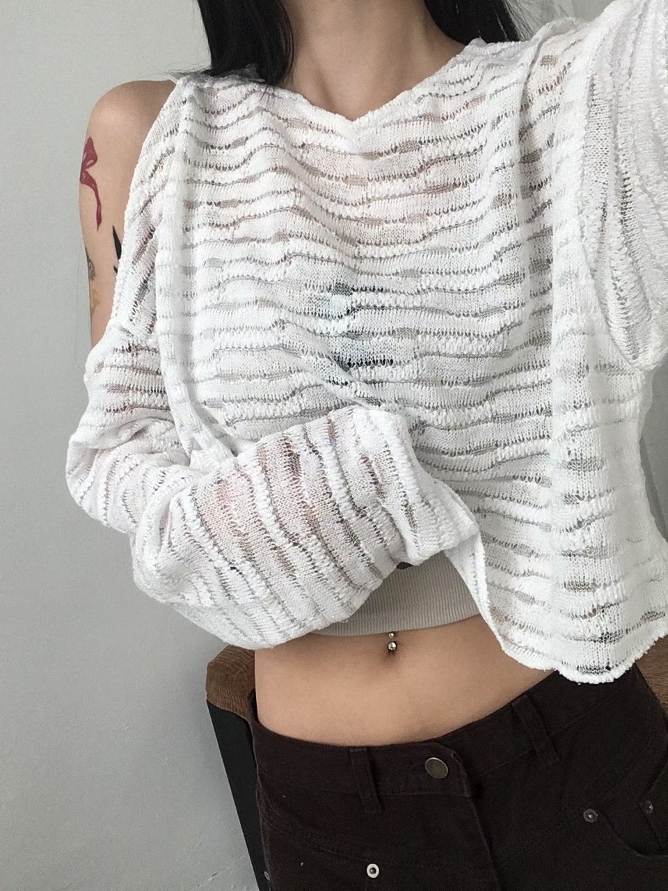 Striped crew neck long sleeve T-shirt
