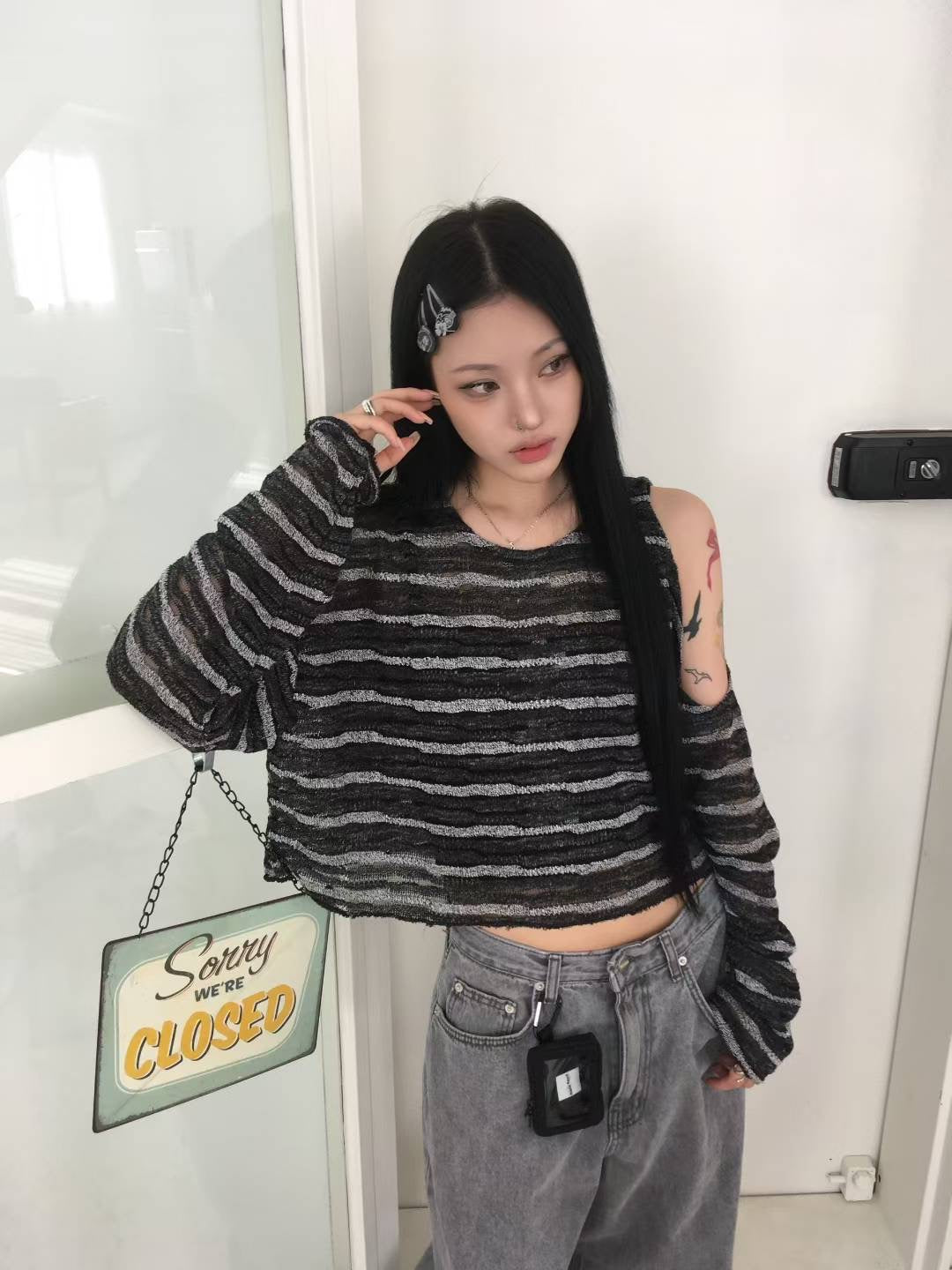 Striped crew neck long sleeve T-shirt