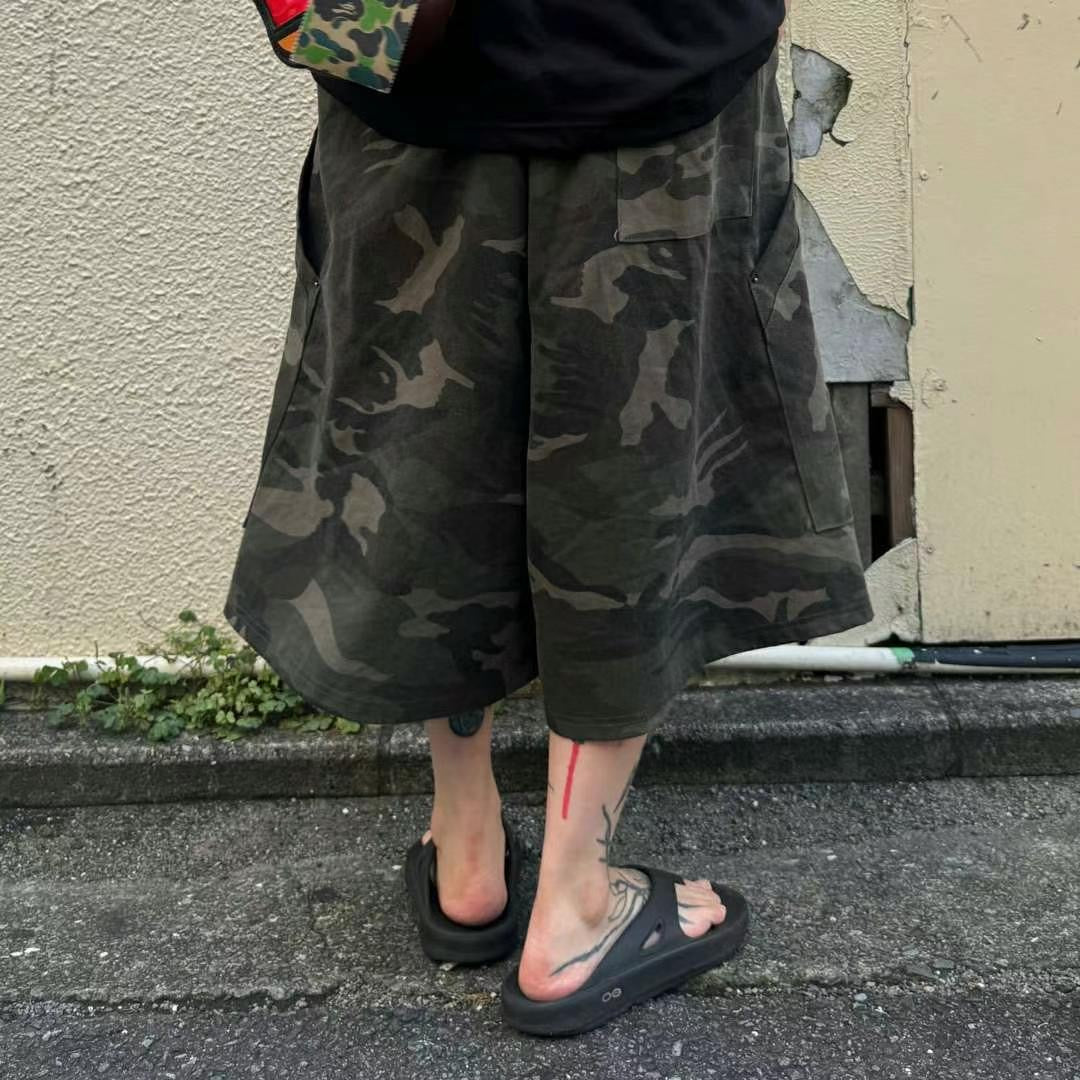 迷彩鬆緊腰工裝闊腿七分褲