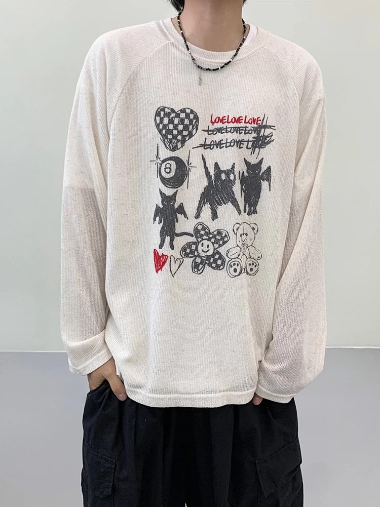 Illustrated Print Semi-Sheer Long Sleeve Top