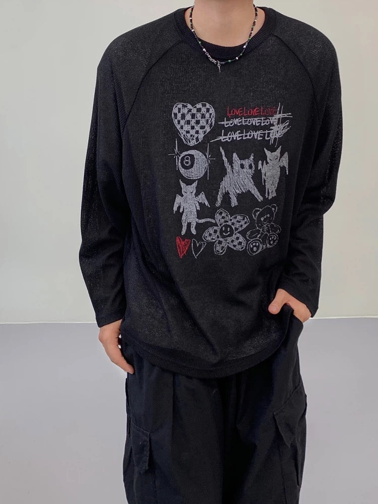 Illustrated Print Semi-Sheer Long Sleeve Top