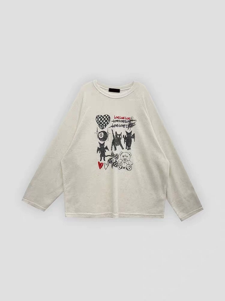 Illustrated Print Semi-Sheer Long Sleeve Top