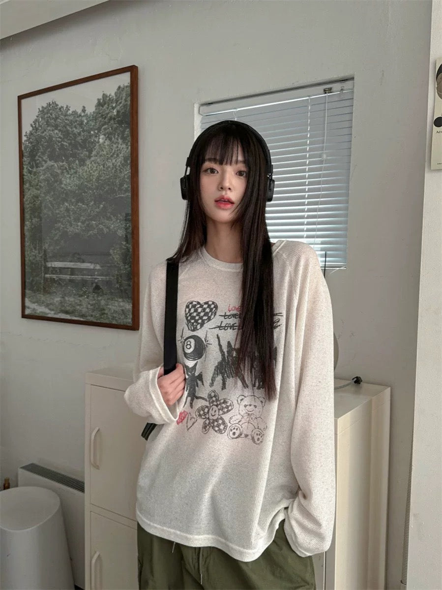 Illustrated Print Semi-Sheer Long Sleeve Top