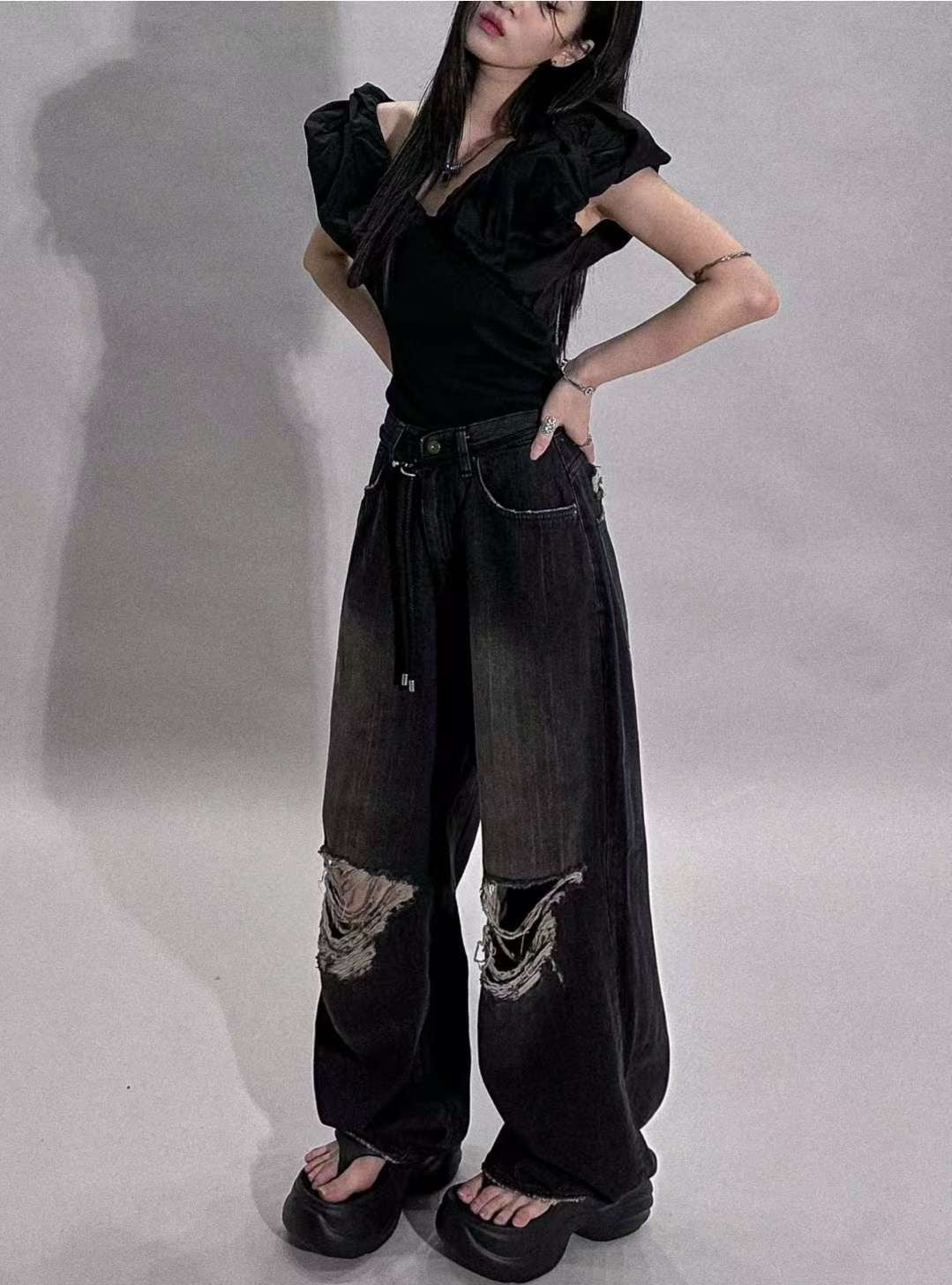 Wide Black Damaged Jeans