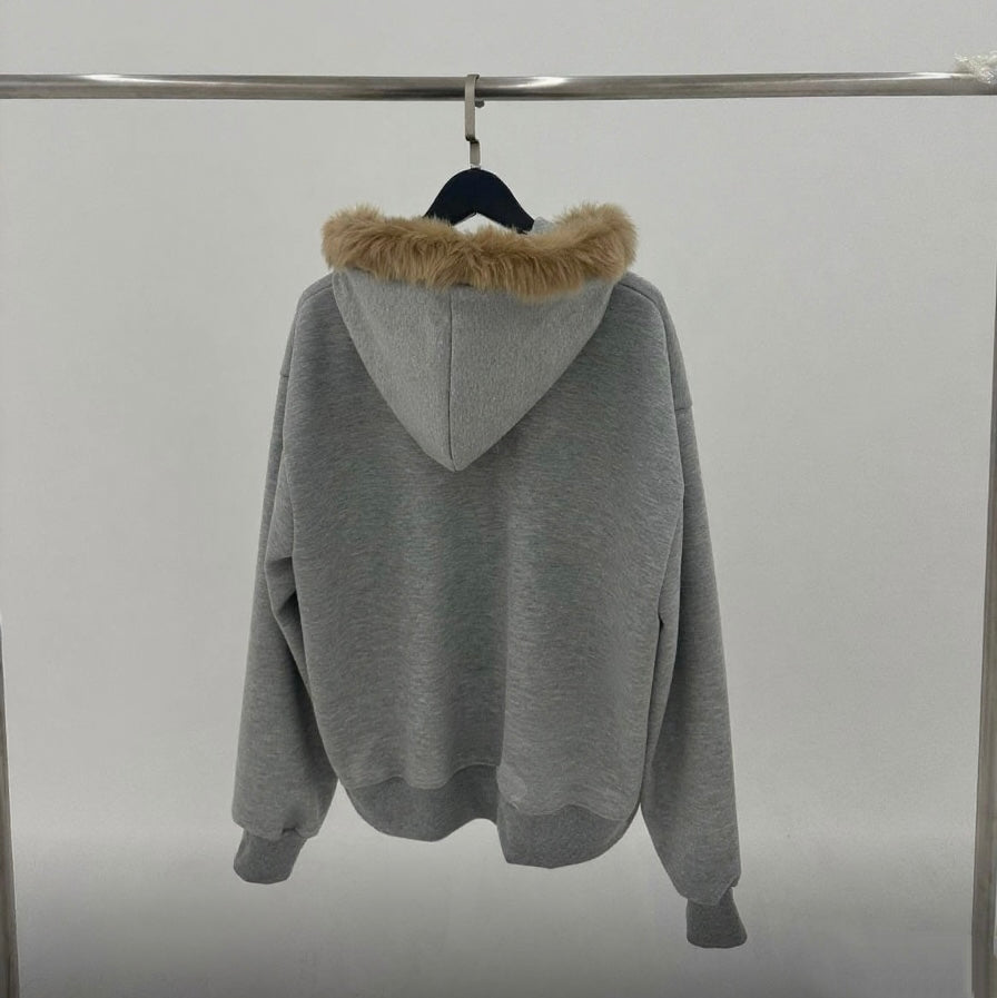 Fuzzy Collar Zip-Up Hoodie Jacket Unisex