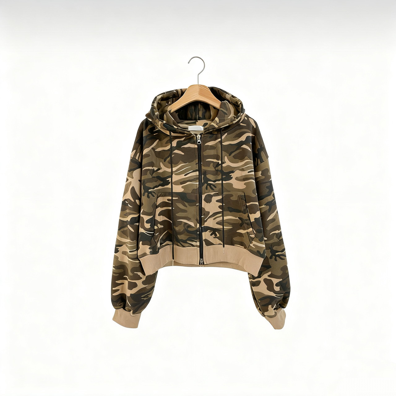 Camouflage Cropped Hooded Zip-Up
