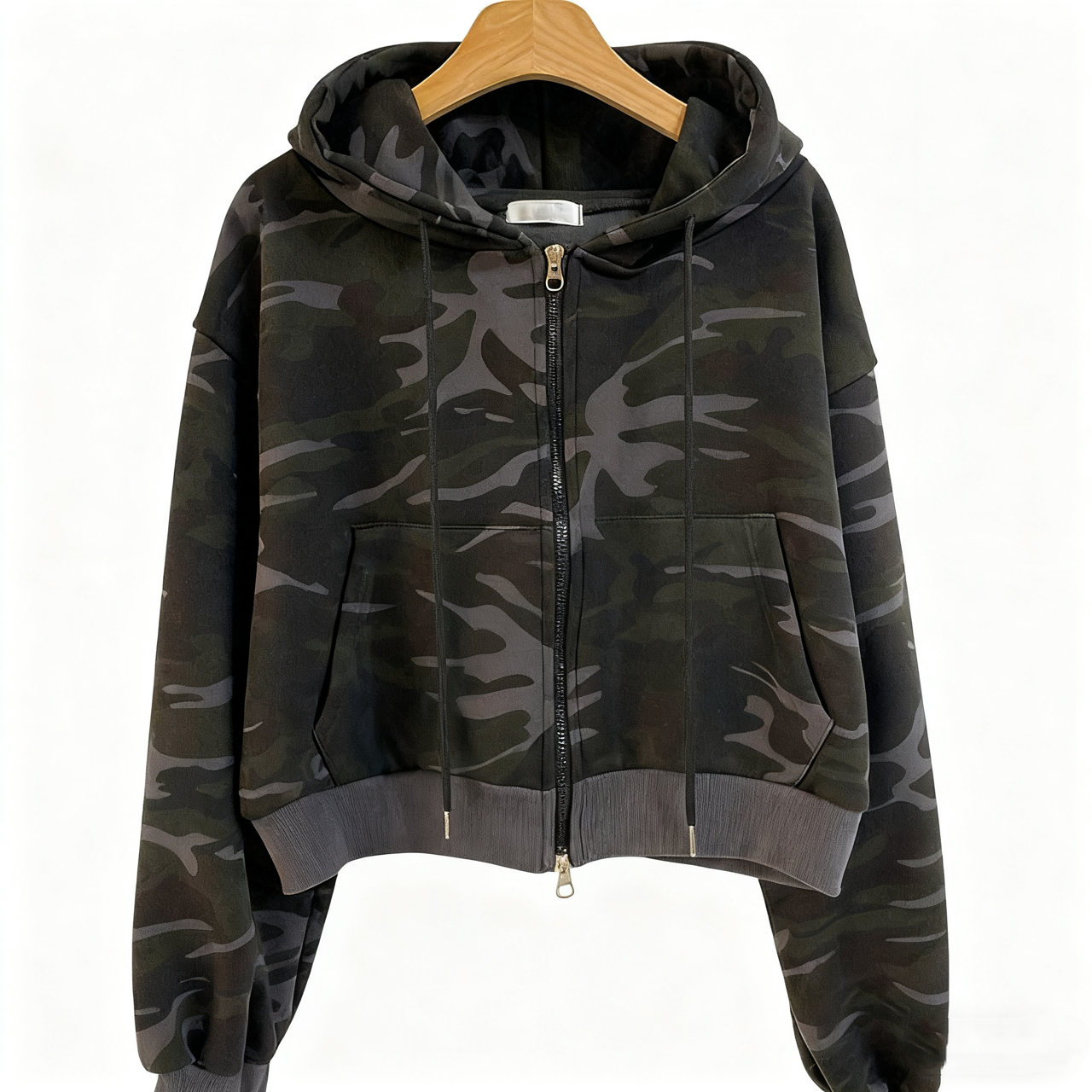 Camouflage Cropped Hooded Zip-Up