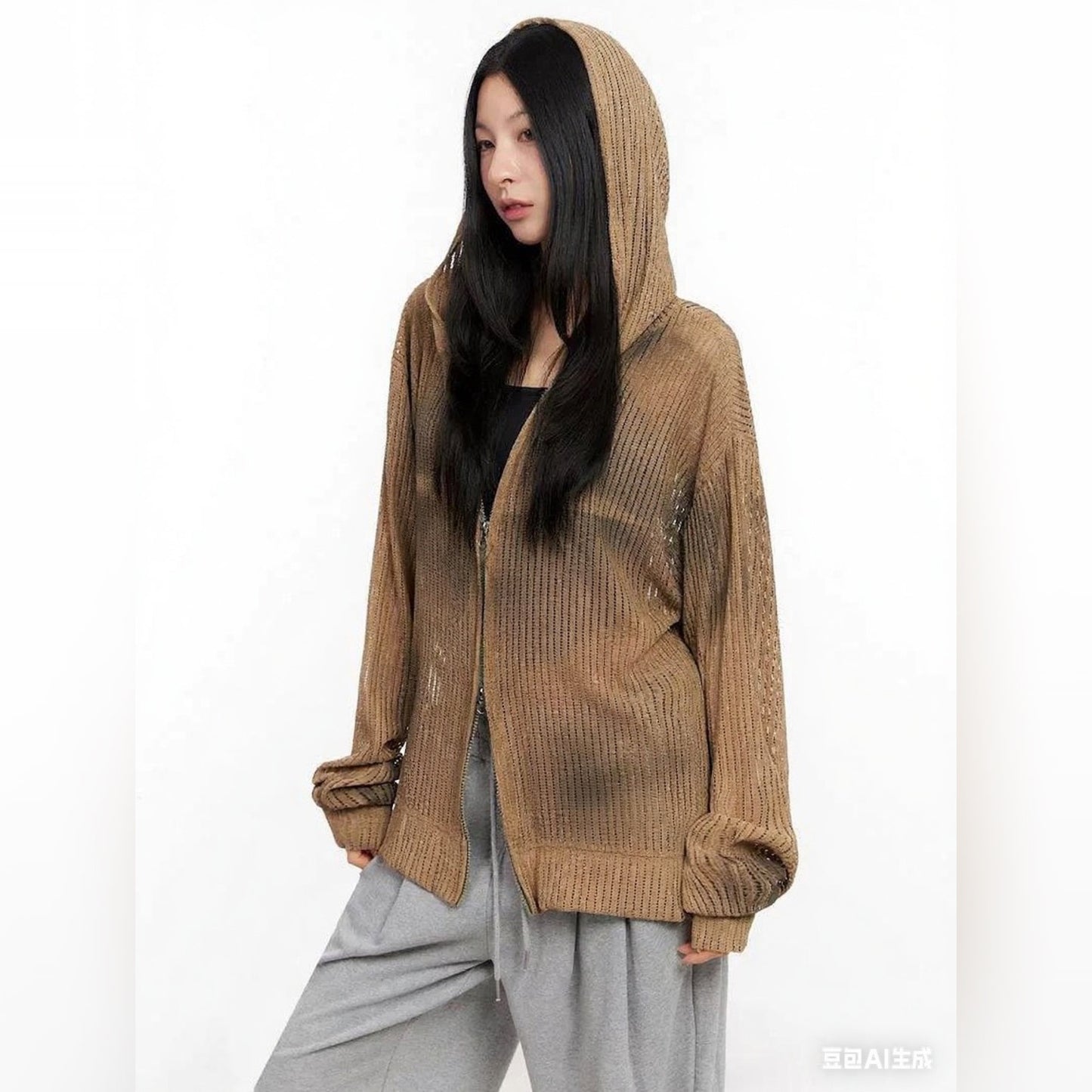 Distressed Wash Zip-Up Hoodie Jacket