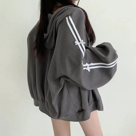 Satin Ribbon Loose Zip-Up Hoodie Jacket