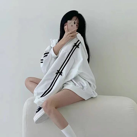 Satin Ribbon Loose Zip-Up Hoodie Jacket