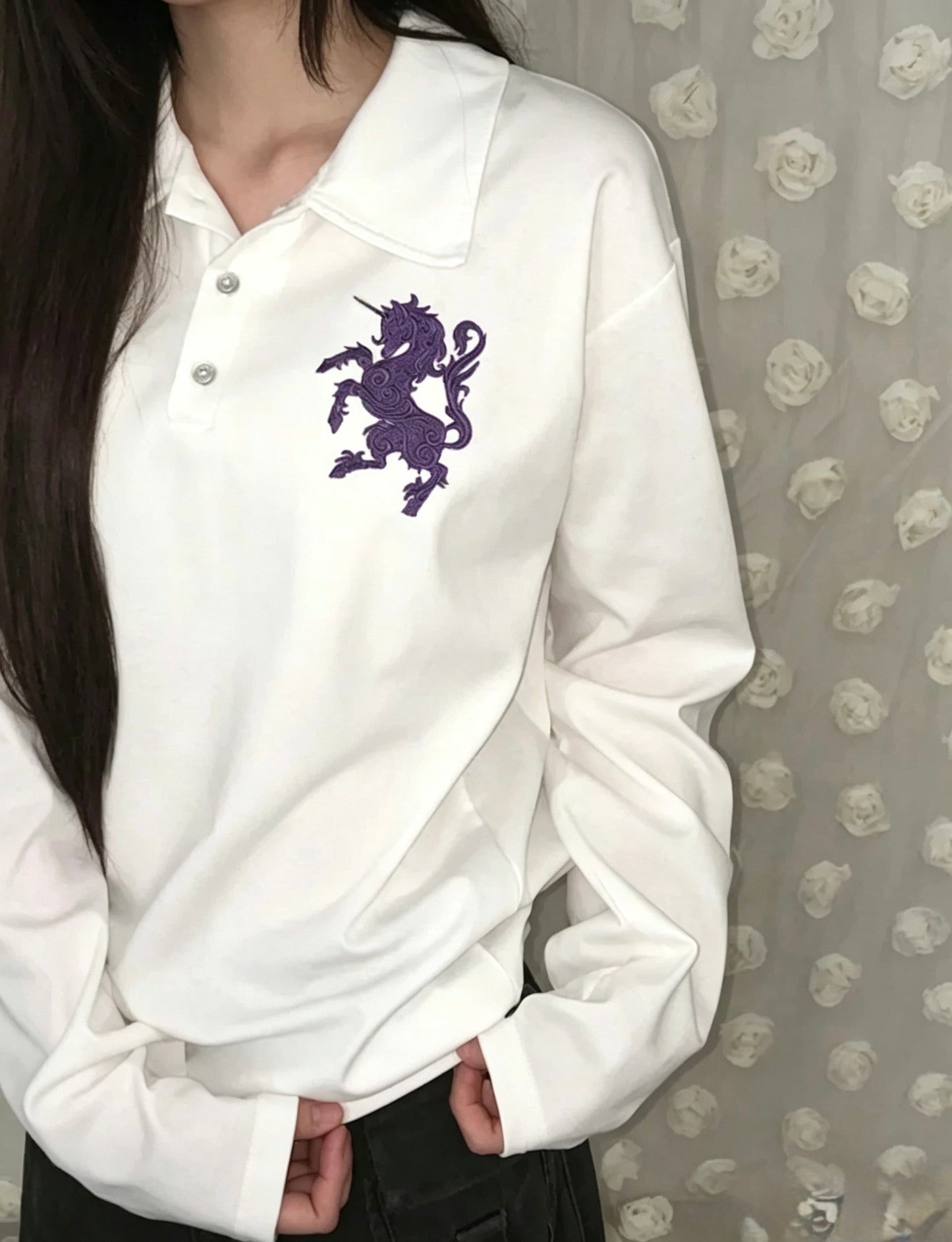 Embroidered Long Sleeve Polo Top
