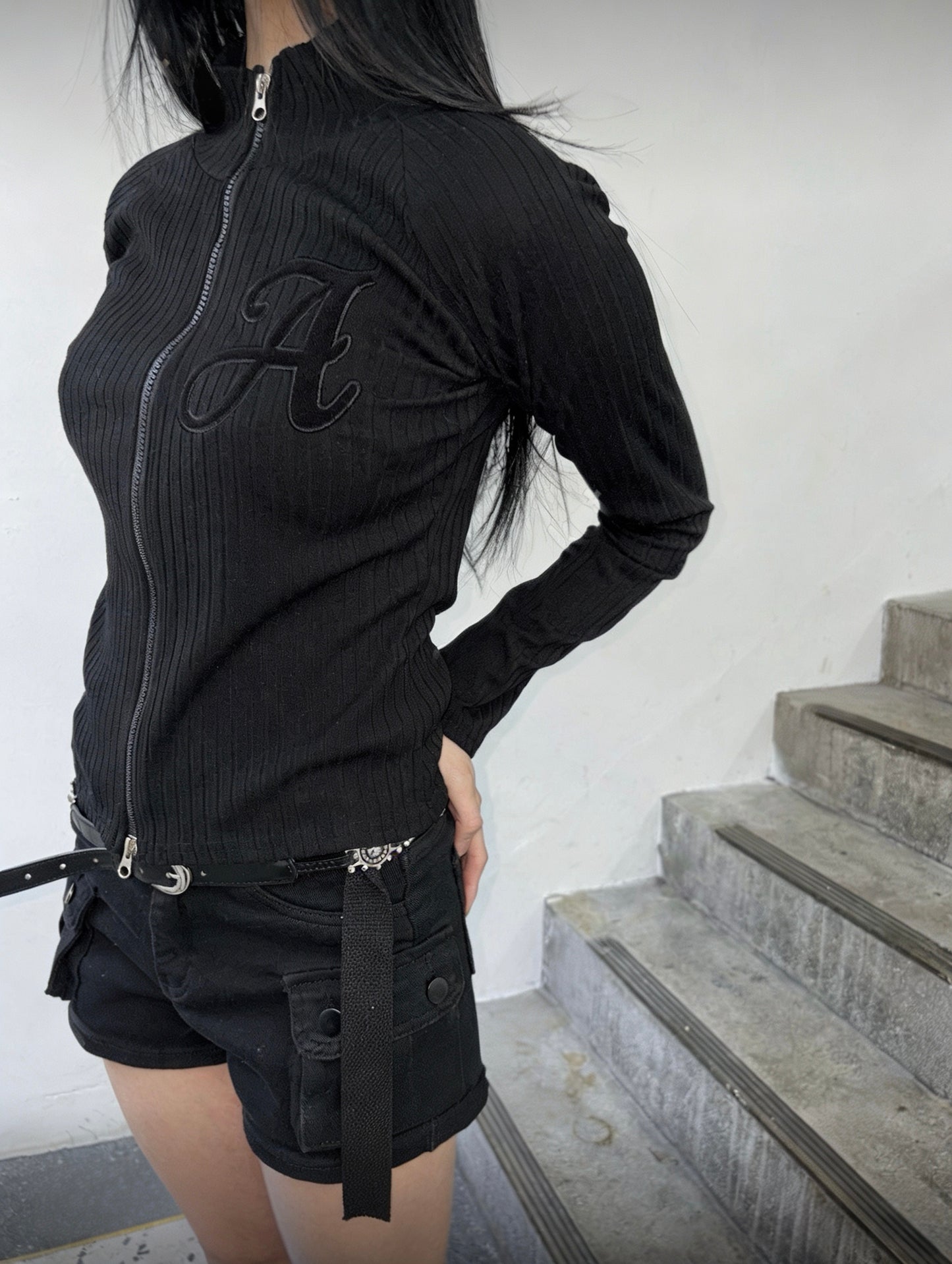 Ribbed Zip-Up Logo Top