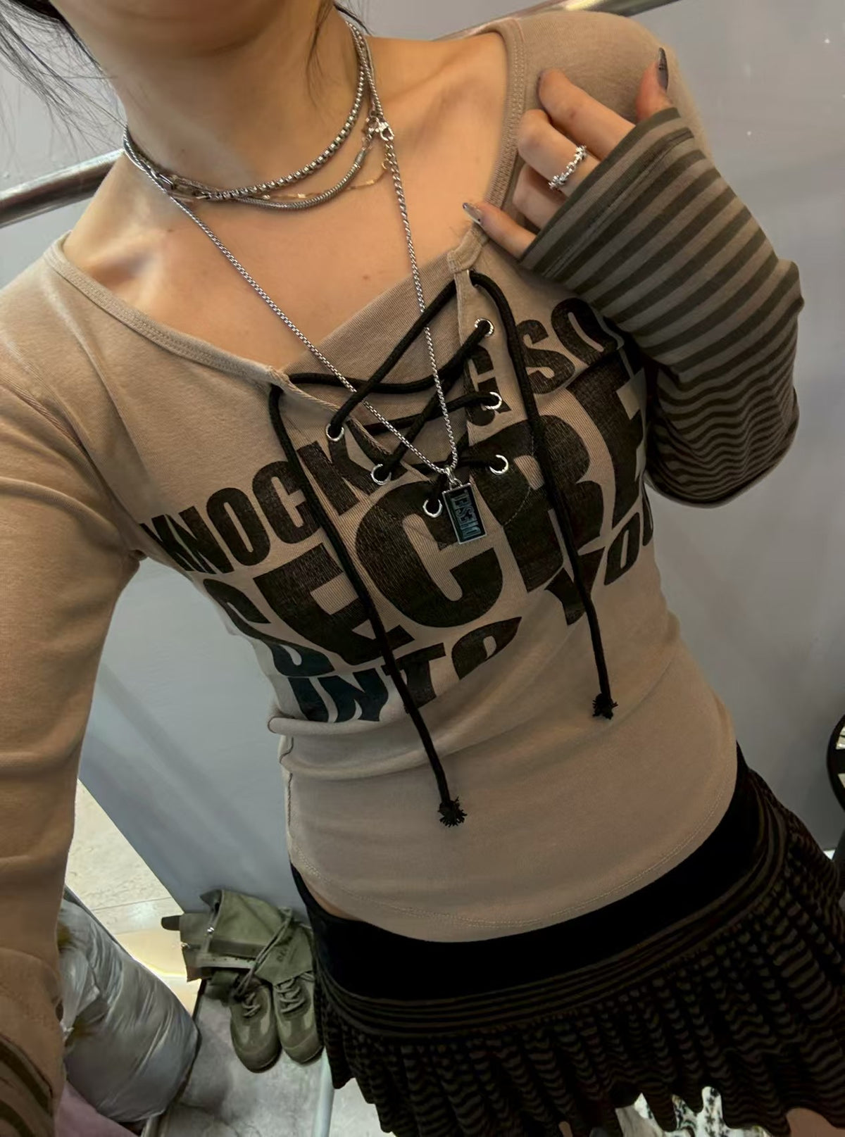 Lace-Up Graphic Stripe Top