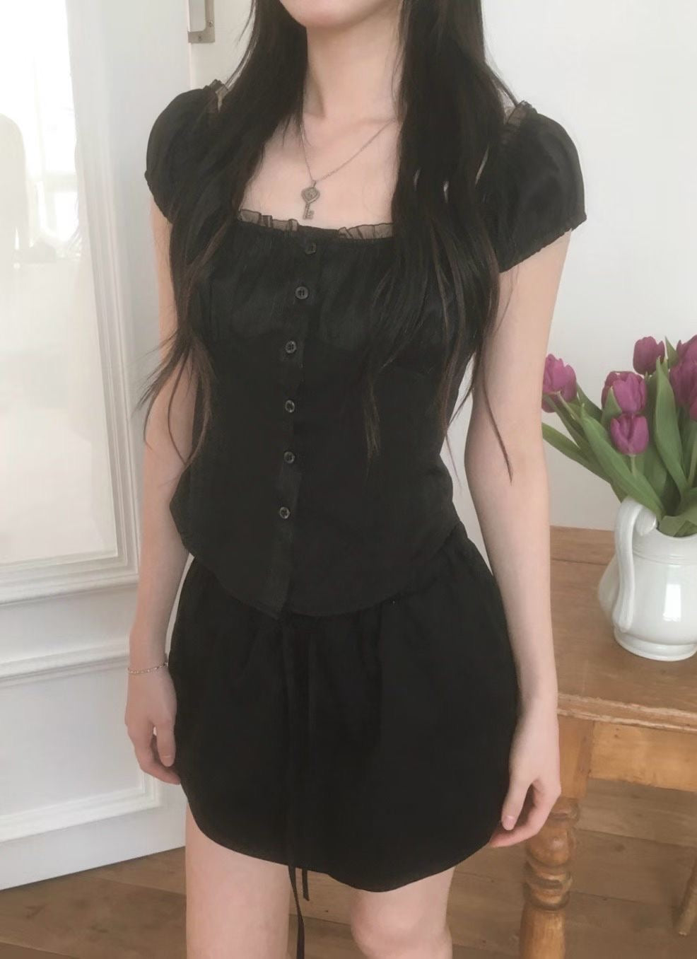 Square Neck Ruffle Puff Sleeve Top