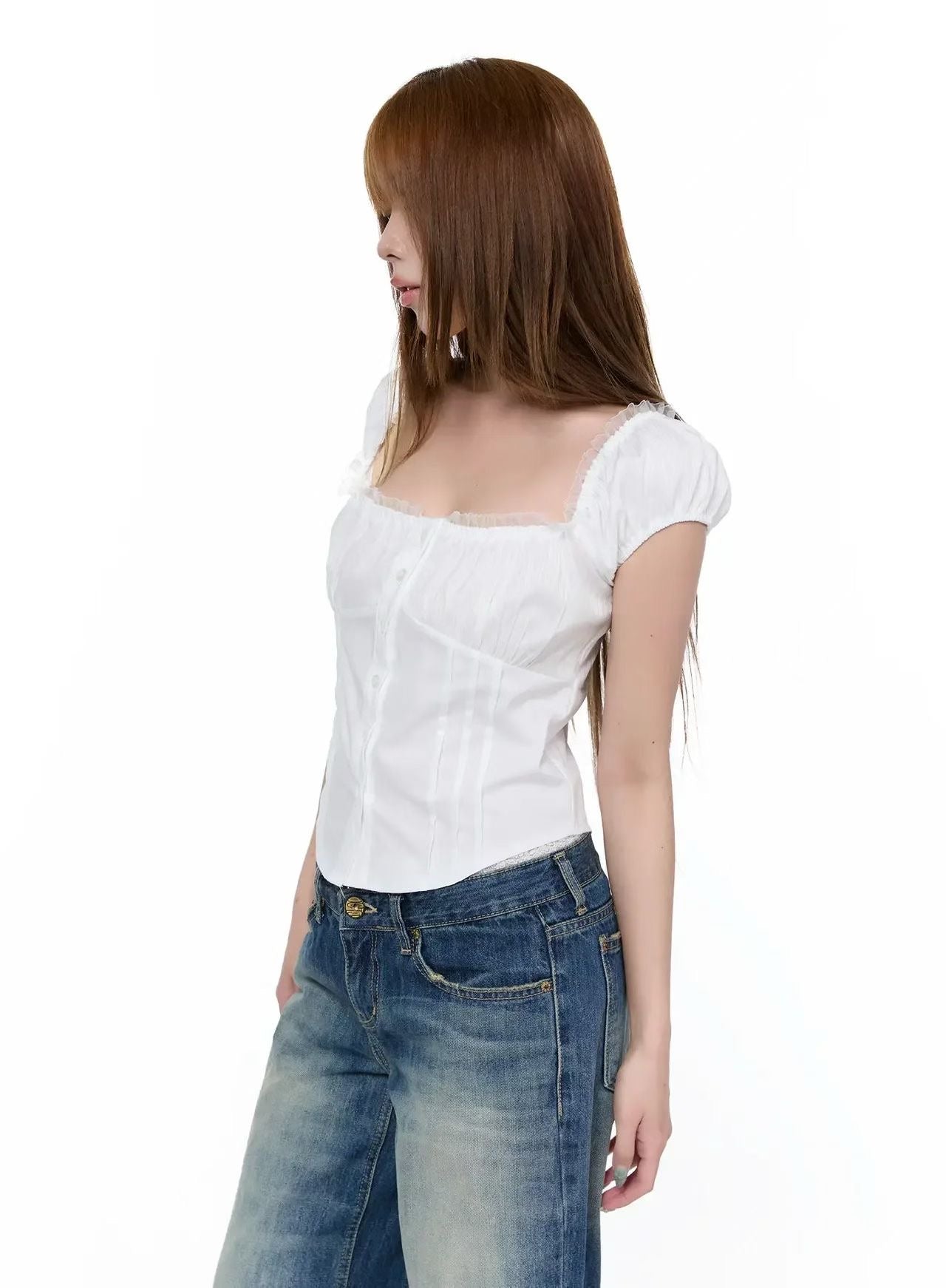 Square Neck Ruffle Puff Sleeve Top