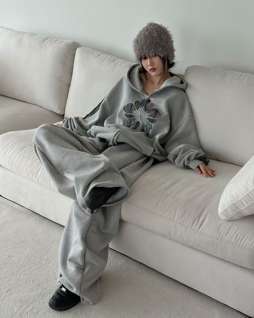 WashedAppliqué Zip-Up Hoodie
