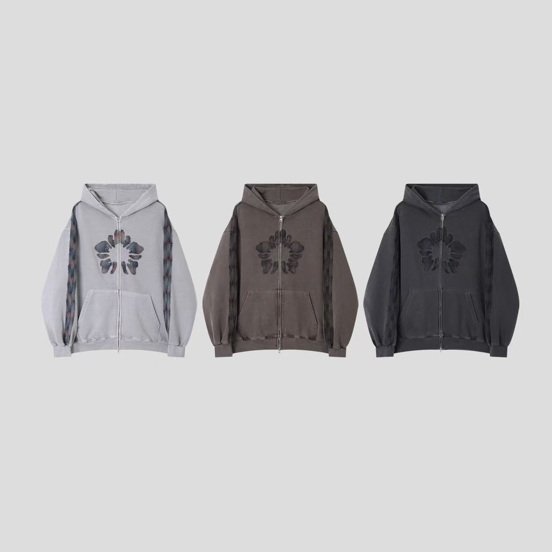 WashedAppliqué Zip-Up Hoodie
